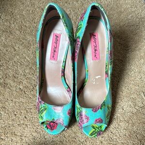Betsey Johnson ‘Betty’ Floral Peep Toe Heels - Teal and Pink